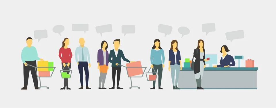 Queue different people in grocery store. Crowd staying in line イラスト素材