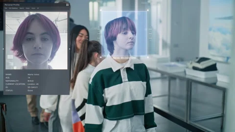 Queue of Diverse People Passing Biometric AI Face Identification at Border Video stock 305647430