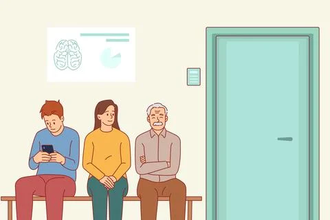 Queue at doctor office. People sitting, waiting for reception, patients in Stock Illustration