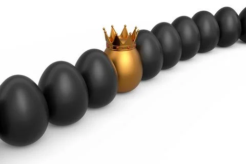 Queue of farm black chicken eggs and unique gold egg in royal king crown Stock Illustration