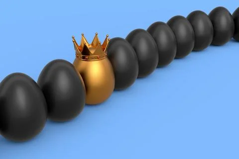 Queue of farm black chicken eggs and unique gold egg in royal king crown Stock Illustration