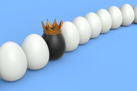 Queue of farm white chicken eggs and unique black egg in gold royal king crow Stockillustratie