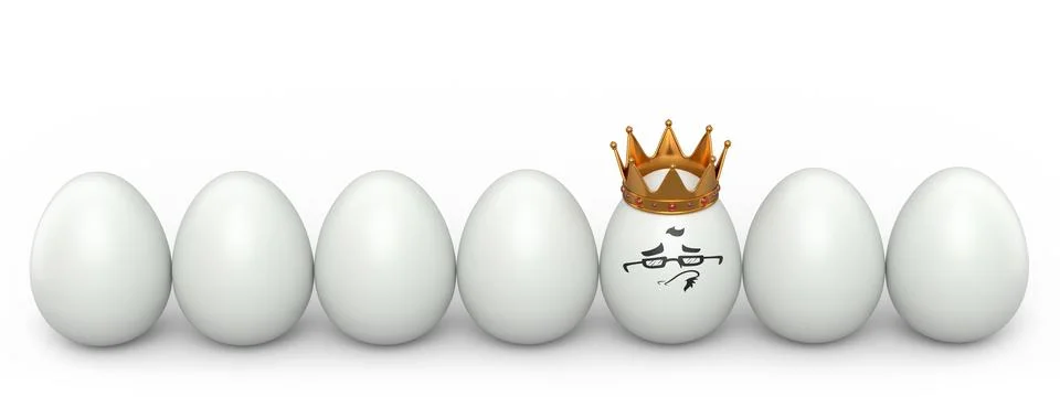 Queue of farm white chicken eggs and unique egg with funny face and gold crow Illustrazione stock