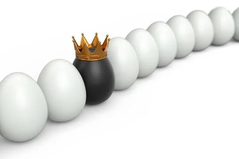 Queue of farm white chicken eggs and unique black egg in gold royal king crow Stock Illustration