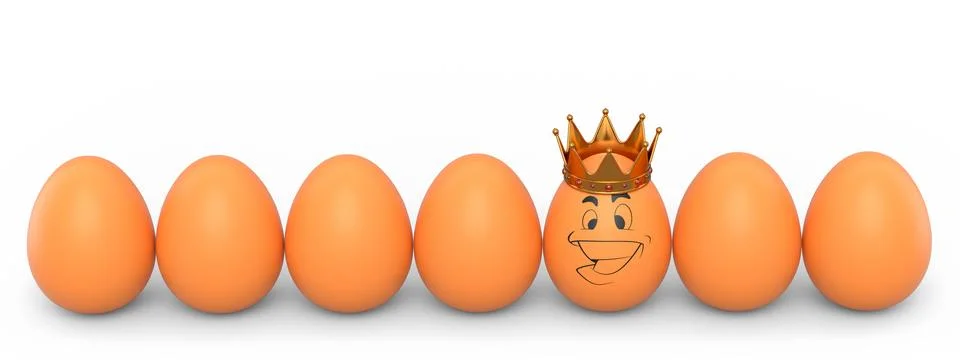 Queue of farm white chicken eggs and unique egg with funny face and gold crow Illustrazione stock