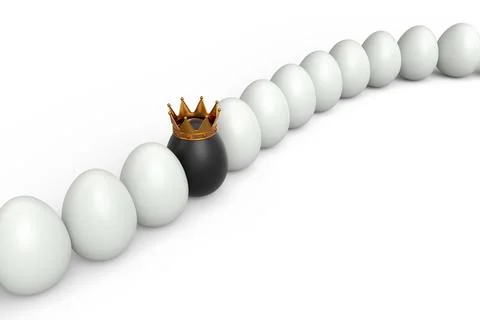 Queue of farm white chicken eggs and unique black egg in gold royal king crow Stockillustratie