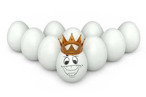Queue of farm white chicken eggs and unique egg with funny face and gold crow Illustrazione stock
