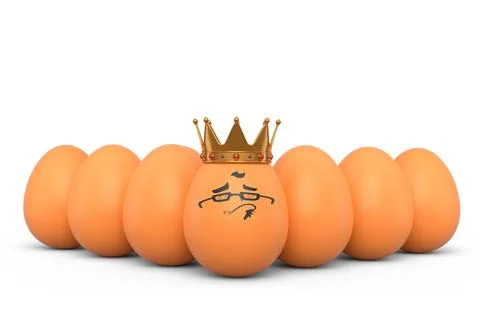 Queue of farm white chicken eggs and unique egg with funny face and gold crow Illustrazione stock