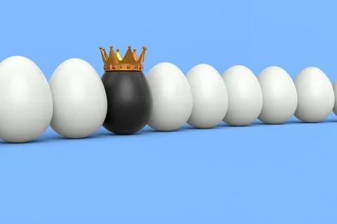 Queue of farm white chicken eggs and unique black egg in gold royal king crow Illustrazione stock