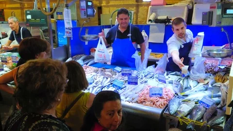 Queue at the fish stall, Jerez, Spain Stock Footage 121194871