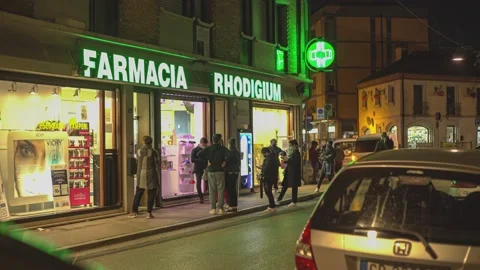 Queue in front of the pharmacy Video stock 164101363