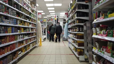 Queue at the grocery store at the checkout. Auchan Store. Stock-Footage 164533238