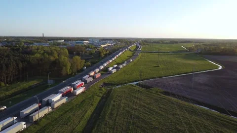 A queue of heavy trucks. Transport collapse before the border. Driver's strike Stock Footage 262624772