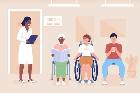 Queue in hospital hall flat color vector illustration Stock Illustration
