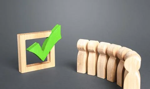 Queue line and green vote check mark. Voting in democratic election or refe.. Stock Photos