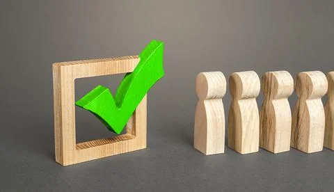 Queue line of people and green voting tick check mark. Perform a civic duty.. Stock Photos