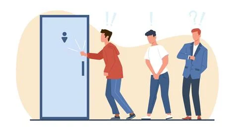 Queue to mens room, men waiting at door of toilet, standing in line. Unhappy Illustrazione stock