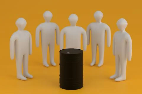 The queue for a metal barrel for oil or diesel fuel. Yellow background. Scarc 스톡 일러스트