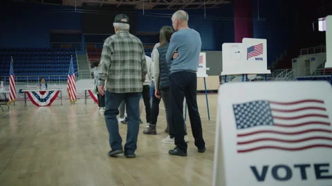 Queue of multi ethnic American citizens come to vote in polling station Video stock 273860577
