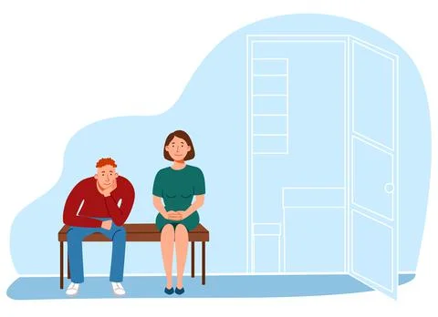 Queue. people are sitting in line on a bench in the office. Stock Illustration