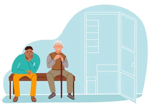 Queue. people are sitting in line on a bench in the office Stock Illustration