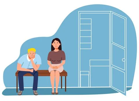 Queue. people are sitting in line on a bench in the office. Stock Illustration