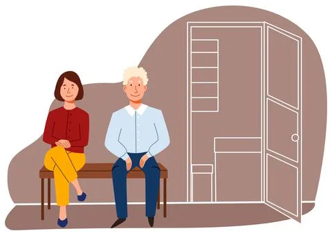 Queue. people are sitting in line on a bench in the office. Stock Illustration