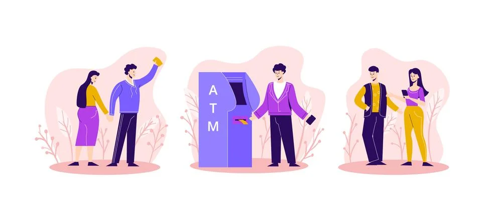 Queue people to ATM illustration. Men and women stand by line to withdraw cash 스톡 일러스트
