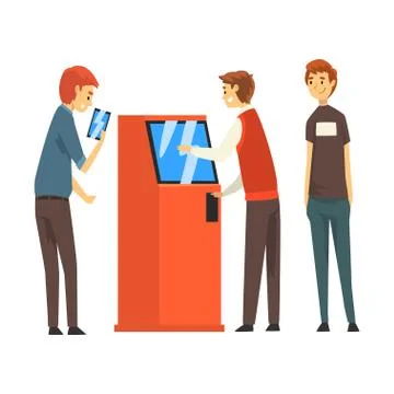 Queue of People to ATM, Man Getting Money Through Cash Dispenser, Banking 스톡 일러스트