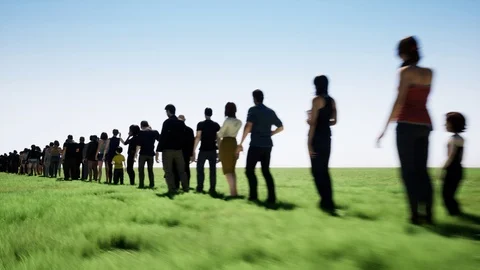 The queue of people on the background of a field of grass Stock Footage 100314494
