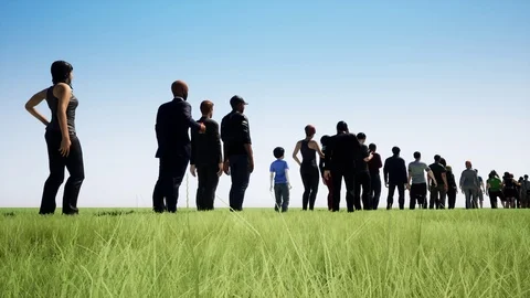 The queue of people on the background of a field of grass Stock Footage 100314563