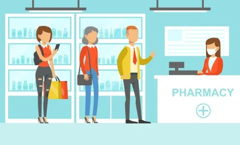Queue of People Behind Counter in Pharmacy, Woman Pharmacist Selling Medications イラスト素材