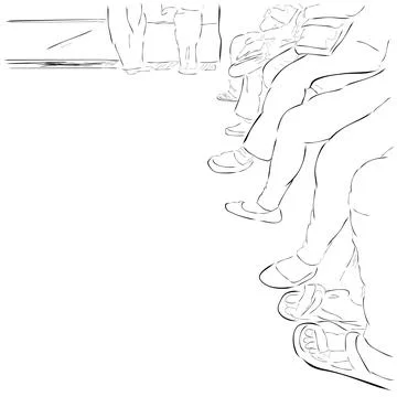 Queue people foot, sit and stand, simple hand draw sketch Stock Illustration
