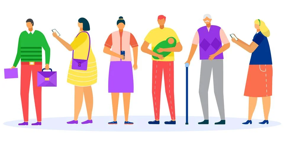 Queue, people in line, vector illustration. Man woman character stand patiently Illustrazione stock