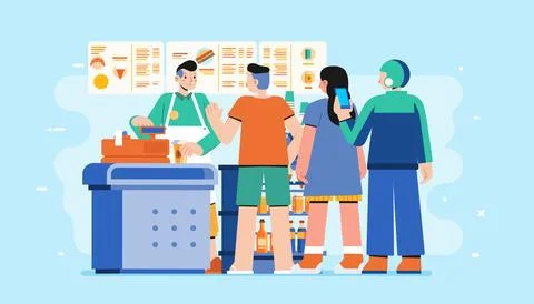 Queue of people in the modern coffee shop takeaway Lunch break barista man Stock Illustration