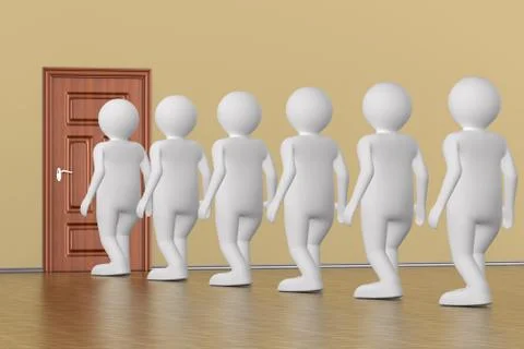 Queue people near door. 3d illustration Illustrazione stock