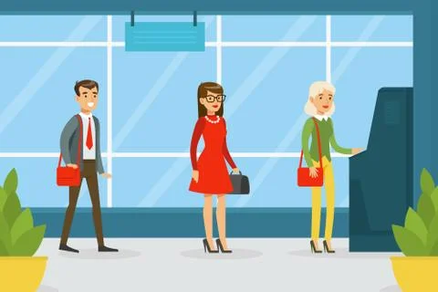 Queue of People Waiting in Line to the ATM, Financial Bank Service Vector Illustrazione stock