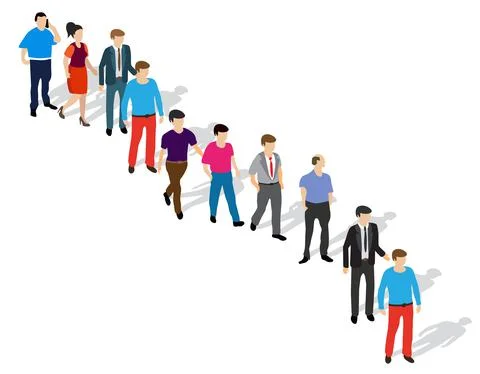 A queue of people waiting for their turn standing on the street Stock Illustration