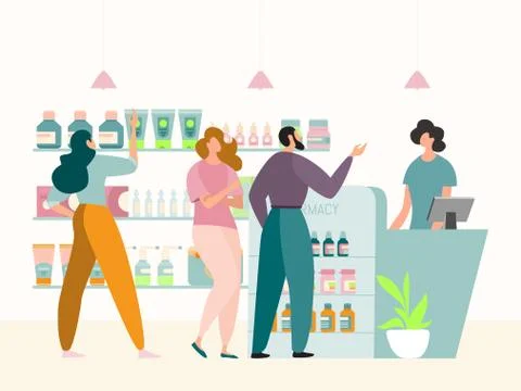 Queue at pharmacy store interior concept, vector illustration. People customers Stock Illustration