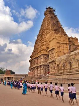 Queue of schoolboys visiting Darsuram temple, Tamil Nadu, south India Stock Photos