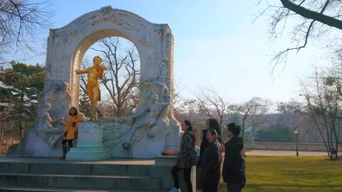 Queue for selfie with Strauss monument Vienna, Austria Stock Footage 114488021