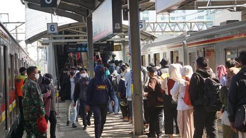 The queue of train passengers . Jakarta, Indonesia - September 21, 2020 Stock Photos