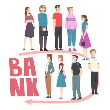 Queue of Various People, Men and Women Waiting in Line at Bank Cartoon Style Stock Illustration