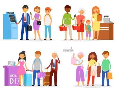 Queue vector people waiting line queuing in long row in supermarket to airport Illustrazione stock