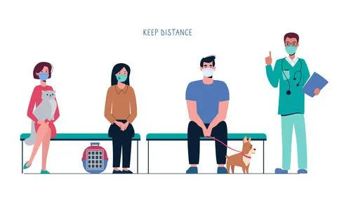 The queue to the veterinary clinic. People with pets are waiting on the bench Illustrazione stock