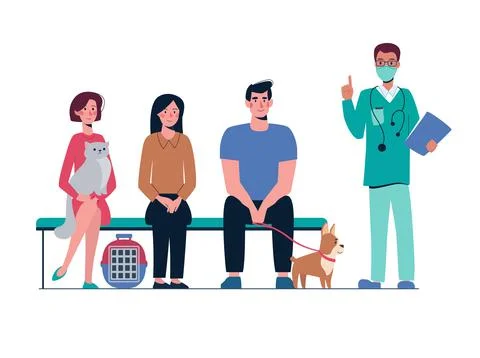 Queue at the veterinary clinic. People with pets are waiting on the bench, the Illustrazione stock
