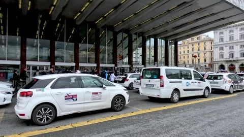 Queue Of White Taxis Outside Rome Termini Station Waiting To Pick Up Stock Footage 247427626