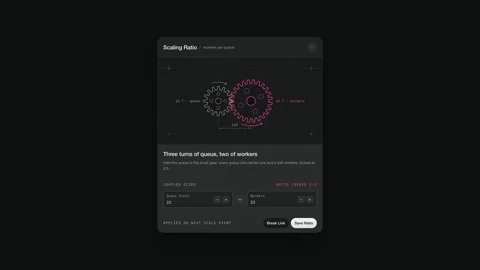 Queue Worker Scaling Infographic Dark Tech UI Pink Gear Ratio System Capacity Stock Footage 348344802