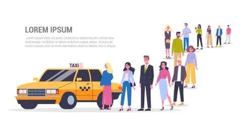 Queue to the yellow taxi car. Idea of transportation service Stock Illustration