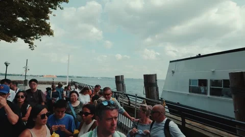 Queueing for tour boat at Ellis Island New York City, graded 4k Stock Footage 280753531